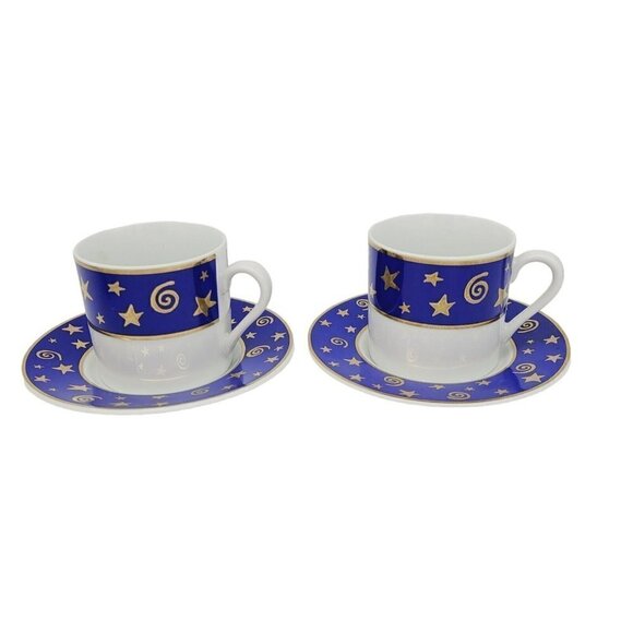 2 Pottery Barn Japan Demitasse Espresso Cups Saucers Blue Gold Stars Swirls HTF - Picture 1 of 12